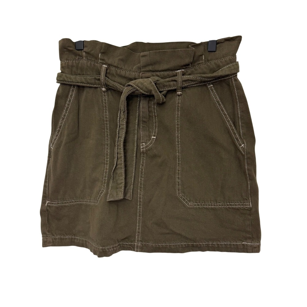 Free People Olive Green Paperbag Mini Skirt Contrast Stitch Belted Womens 8